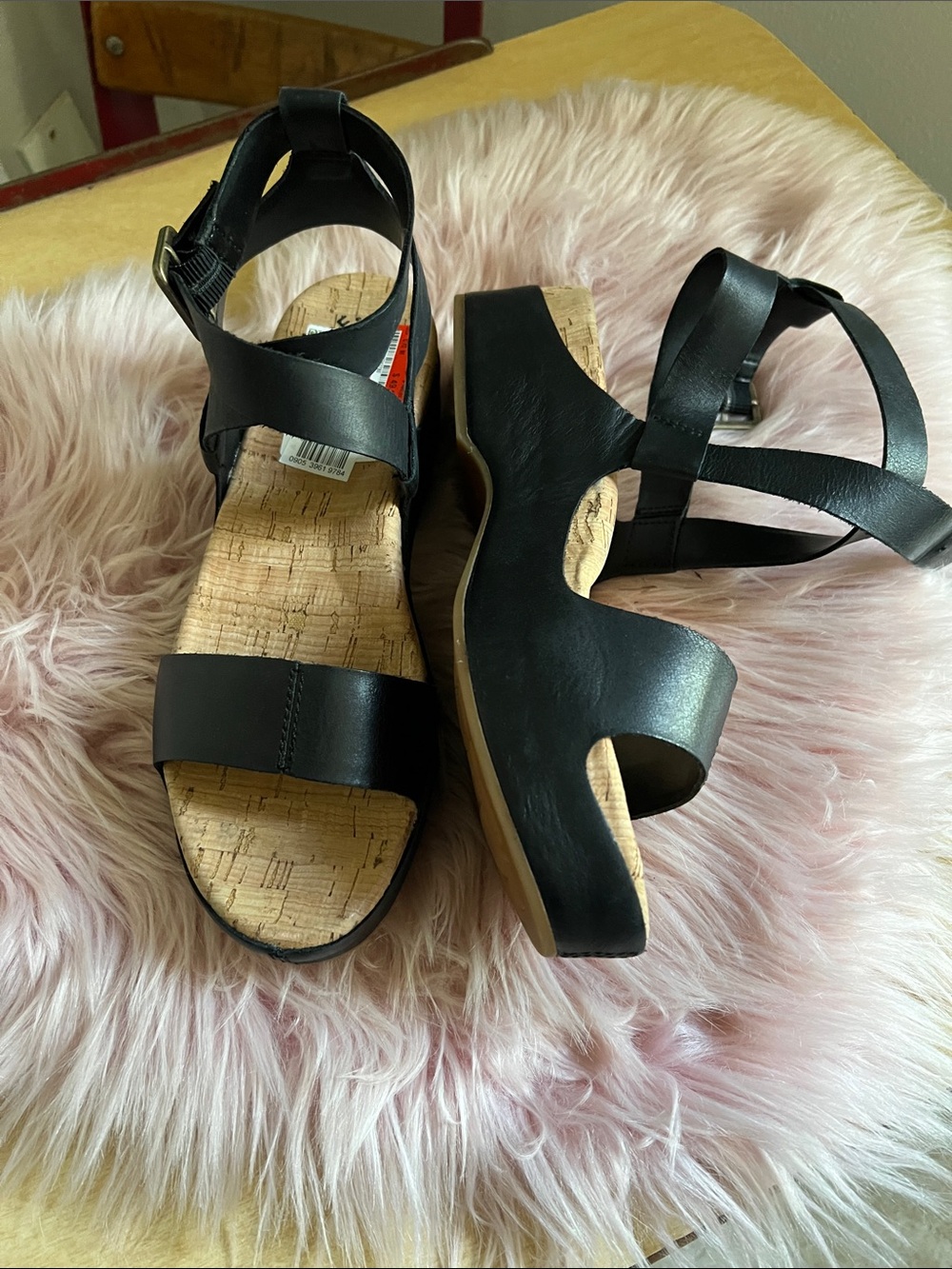 Kork-Ease Black Leather Crisscross Cork-Style Sandals